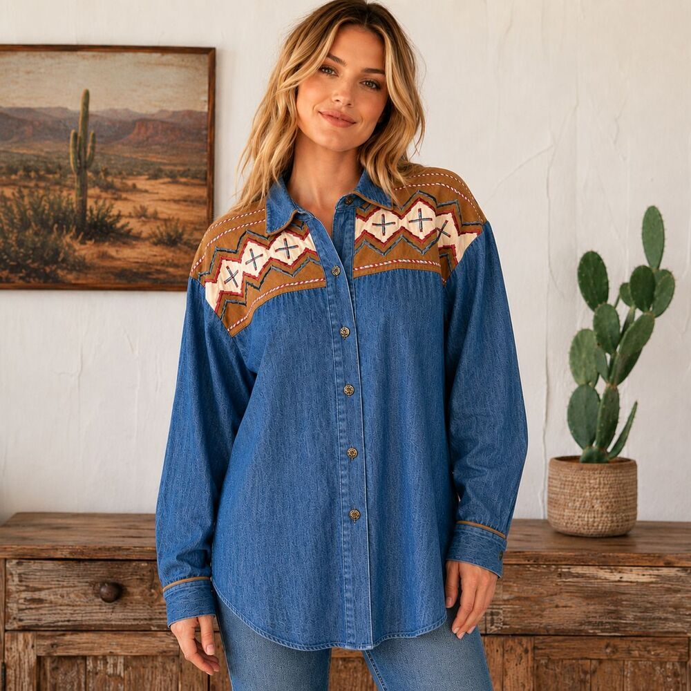 Hairston Roberson Vintage 90s Denim Western Shirt Embroidered Aztec Medium